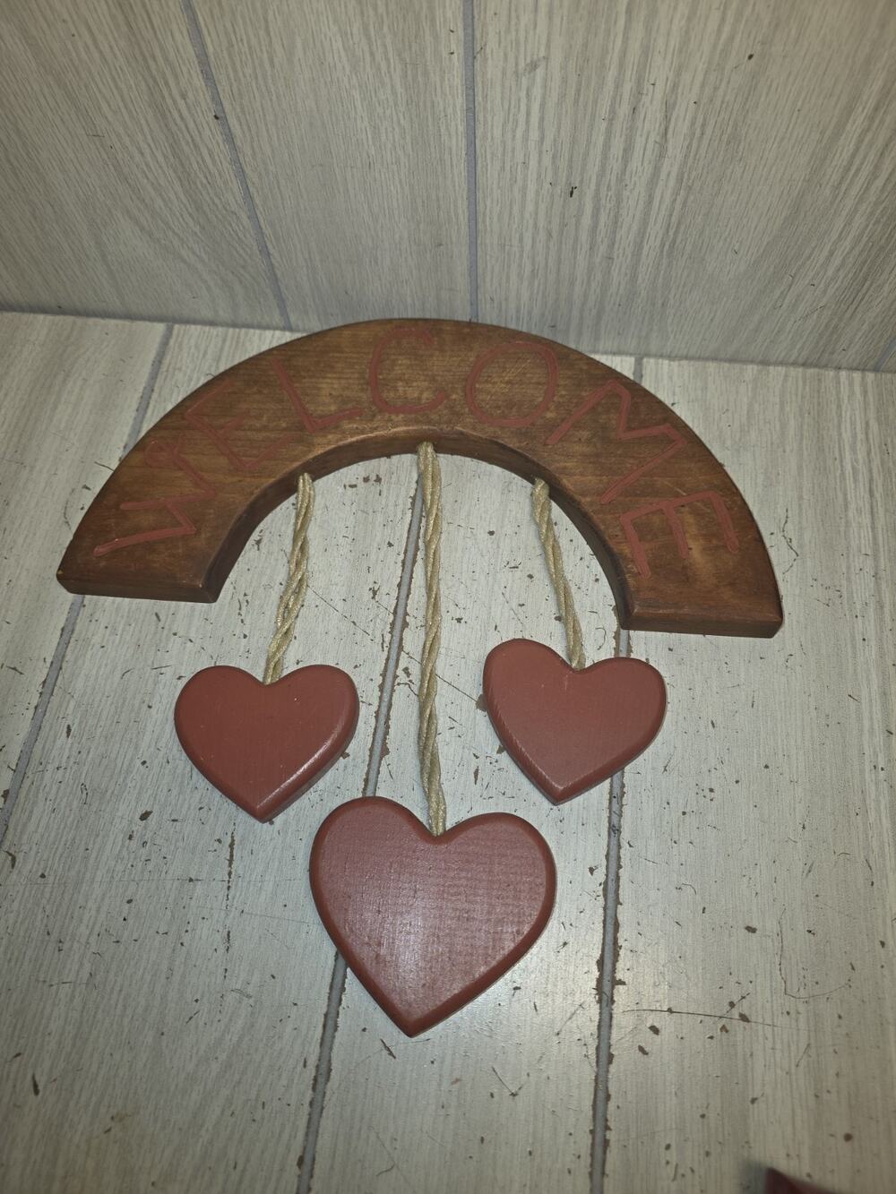 Vintage Handmade 3 Wood Dangle Heart Welcome Sign Cottagecore Farmhouse